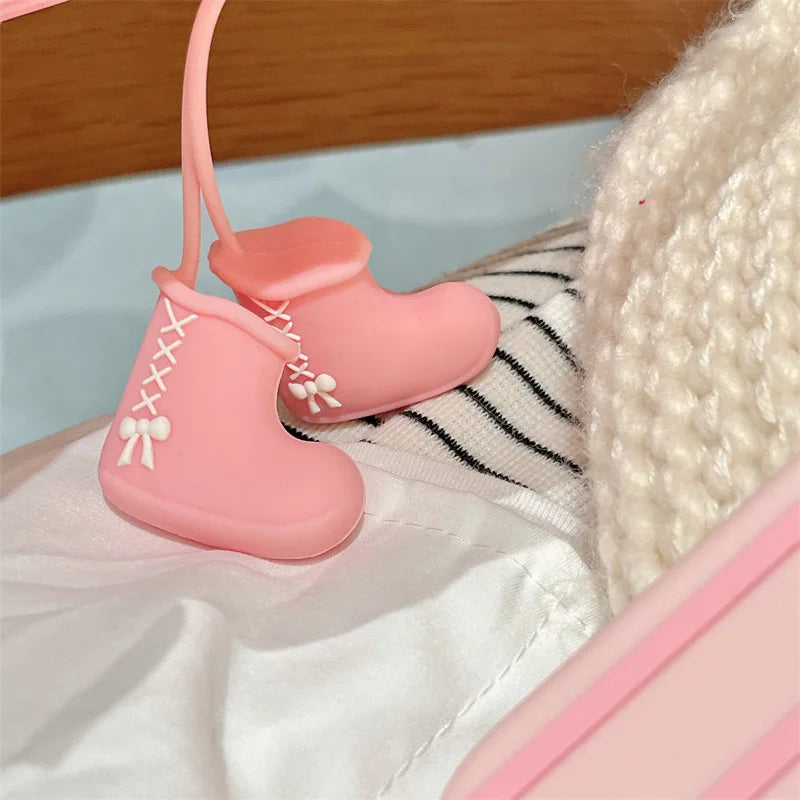3D Cartoon Pink Boots Bowknot Pendant Striped Phone Case For iPhone