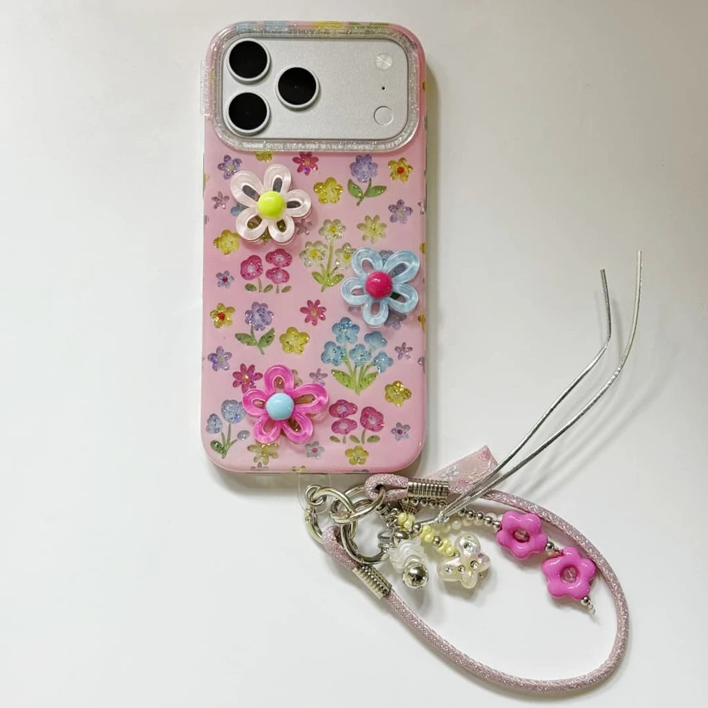 Dopamine Cute 3D Flower Floral Glitter With Lanyard Shockproof Protective Phone Cover Case For iPhone