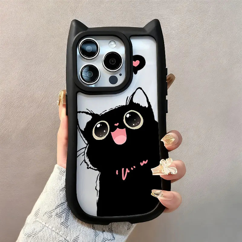 Cute Big Eyed Cat Pattern Cat's Ears Phone Case For iPhone