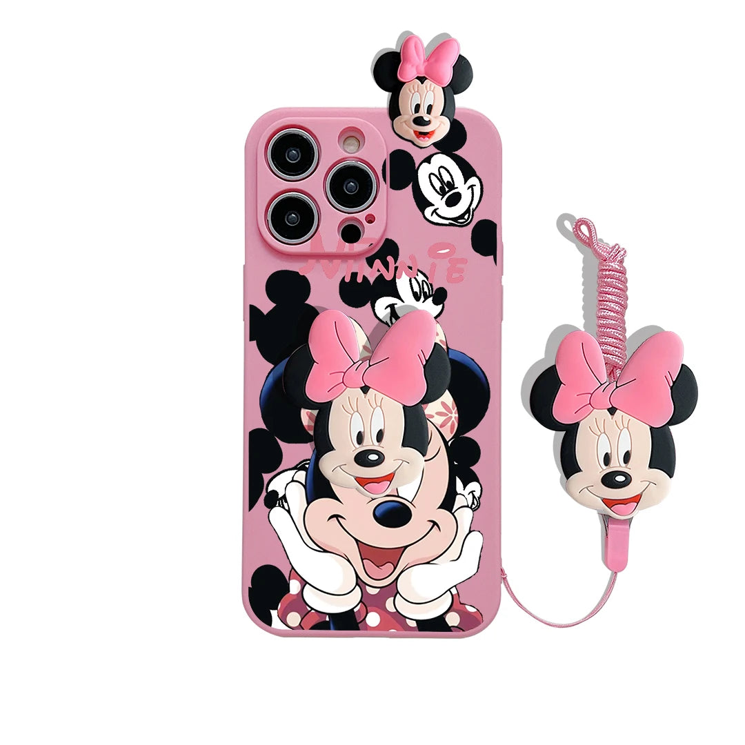 Cartoon Mickey Minnie Soft Case With Holder Rope Phone Case