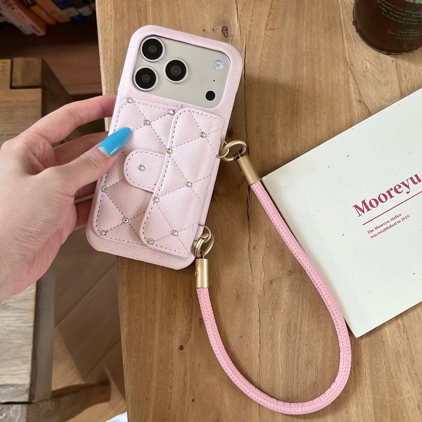 Fashionable Minimalist Diamond-Encrusted Phone Case with Hand Rope For iPhone