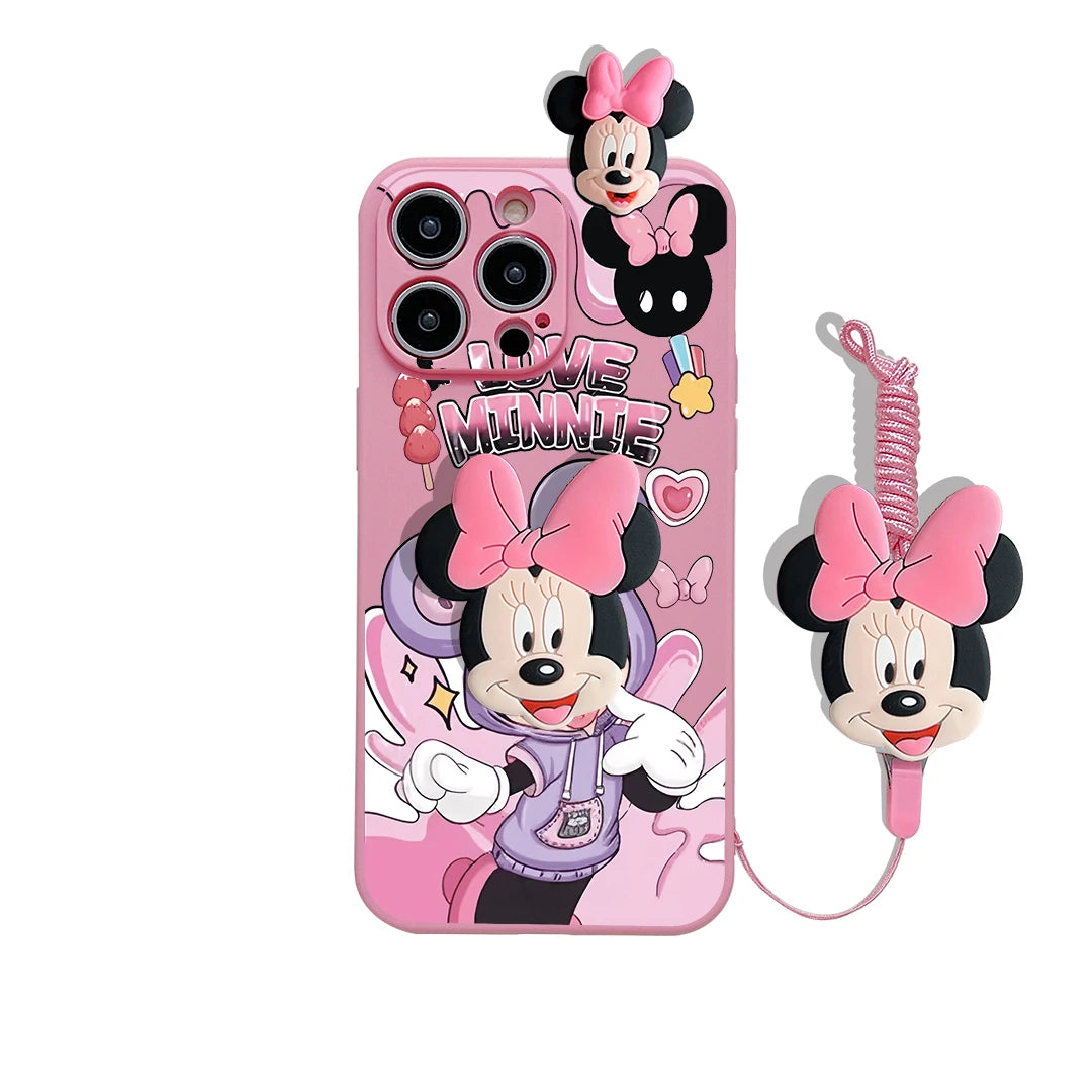 Cartoon Mickey Minnie Soft Case With Holder Rope Phone Case