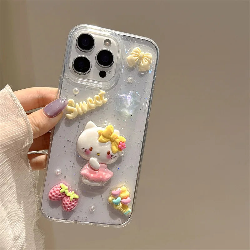3D Cartoon Strawberry Hello Kitty Drop Glue Glitter Phone Case For iPhone