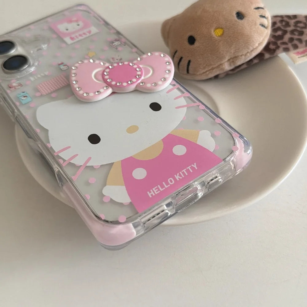 Square Pink Border Hello Kitty Three Dimensional Bow Phone Case For iPhone