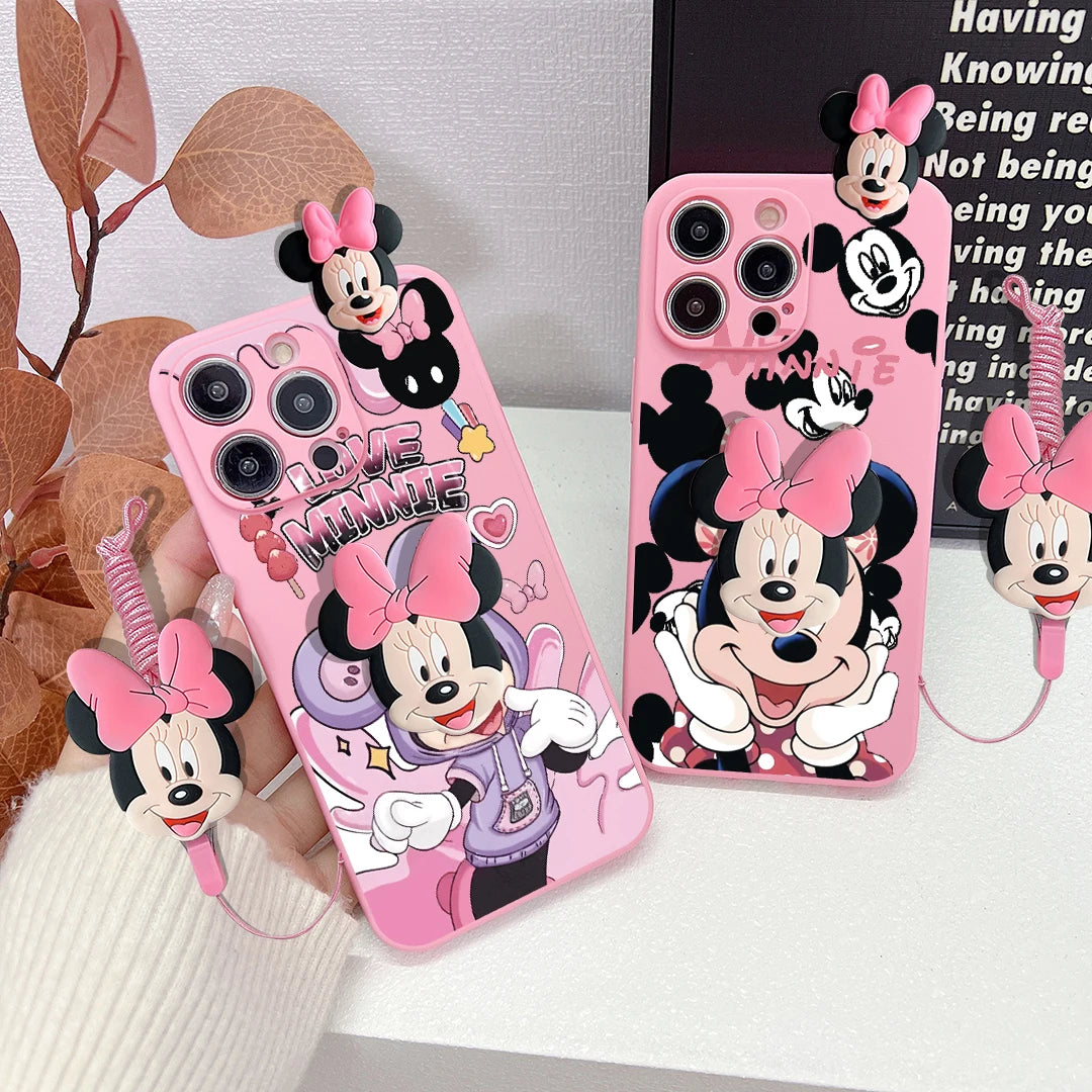 Cartoon Mickey Minnie Soft Case With Holder Rope Phone Case