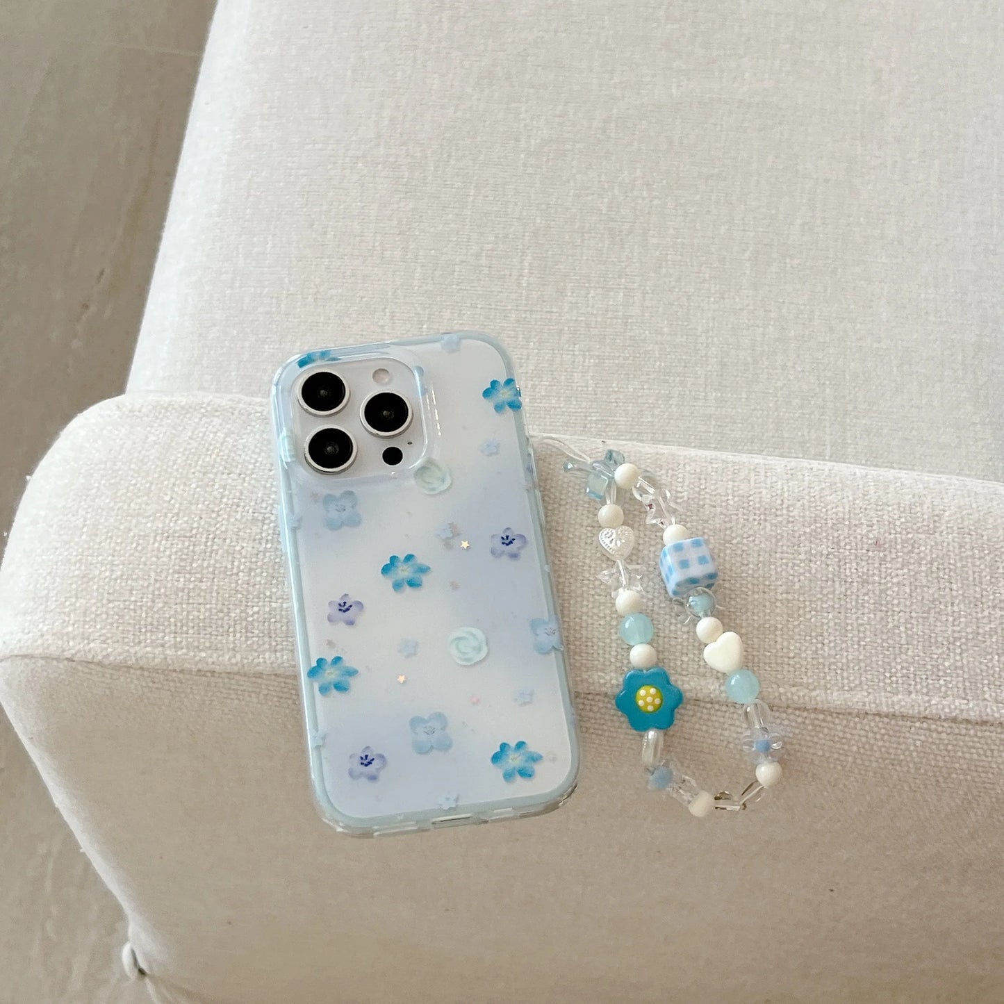 Sweet & Delicate Pastel Blue Floral Wrist Chain with 3D Flower Charms Phone Case