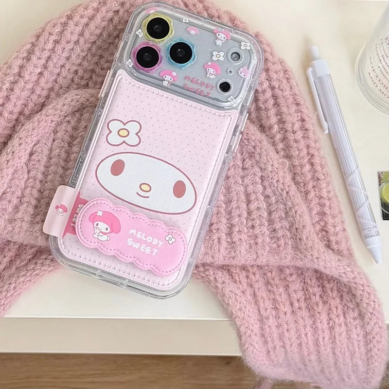 Luxury Pink Melody Holder Cute cartoon Sparkling My Melody Polka Dots Leather Phone Case For iPhone