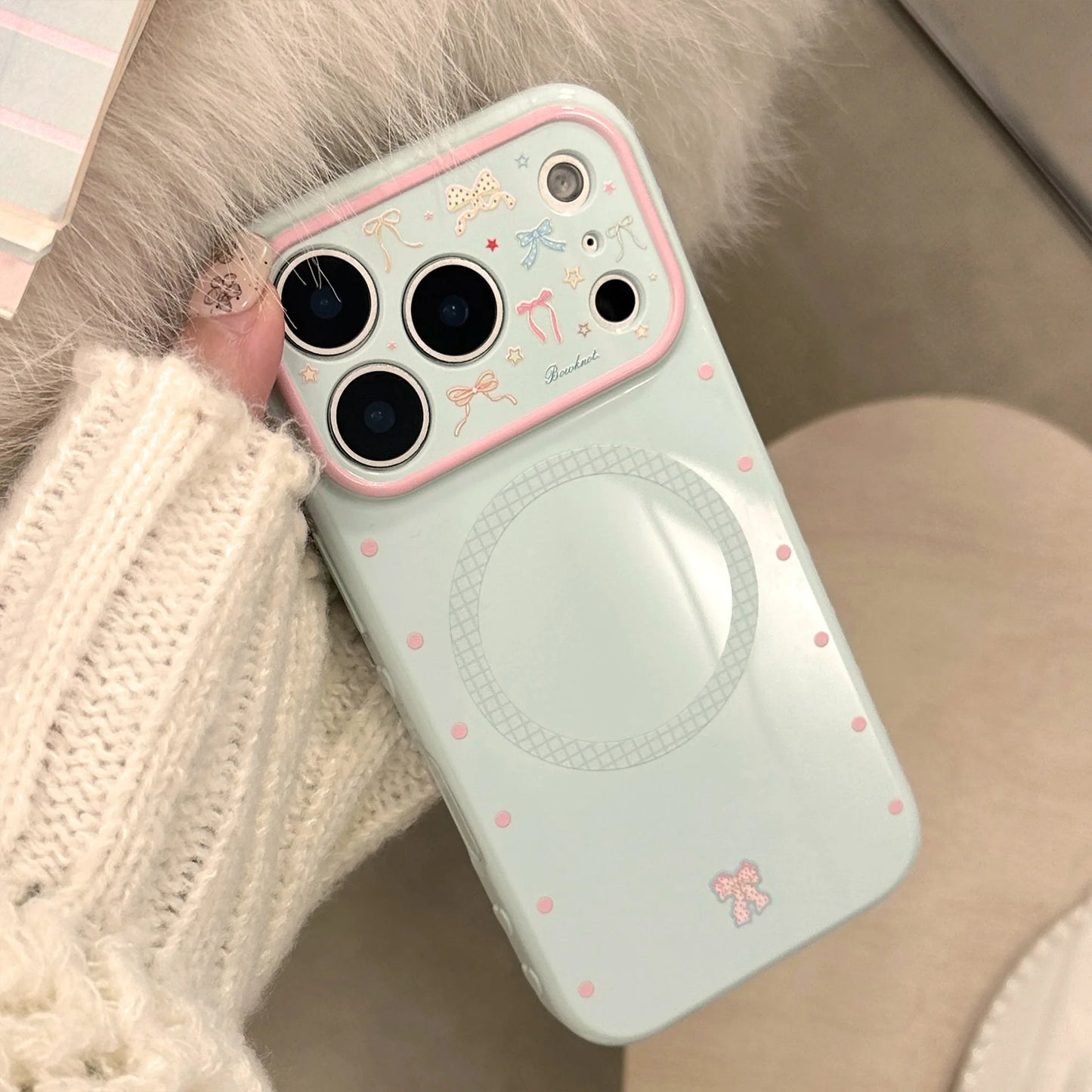 Korean Fold Love Heart Glitter Colorful Bowknot Magnetic Holder Phone Case For iPhone