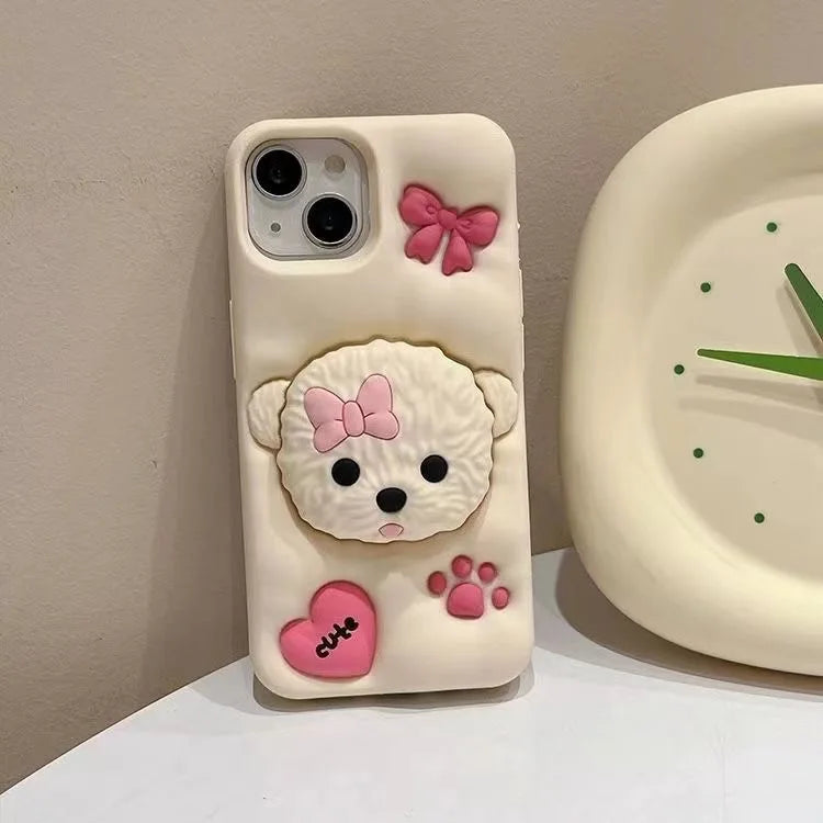 Cute 3D Teddy Dog Pet Grip Tok Holder Cartoon Silicon Soft Back Phone Case