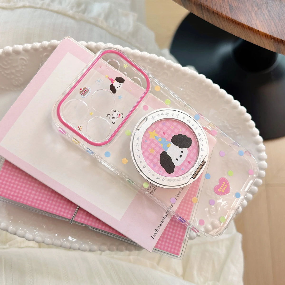 Korean Colorful Polka Dots Cartoon Puppy Magnetic Bracket Phone Case For iPhone