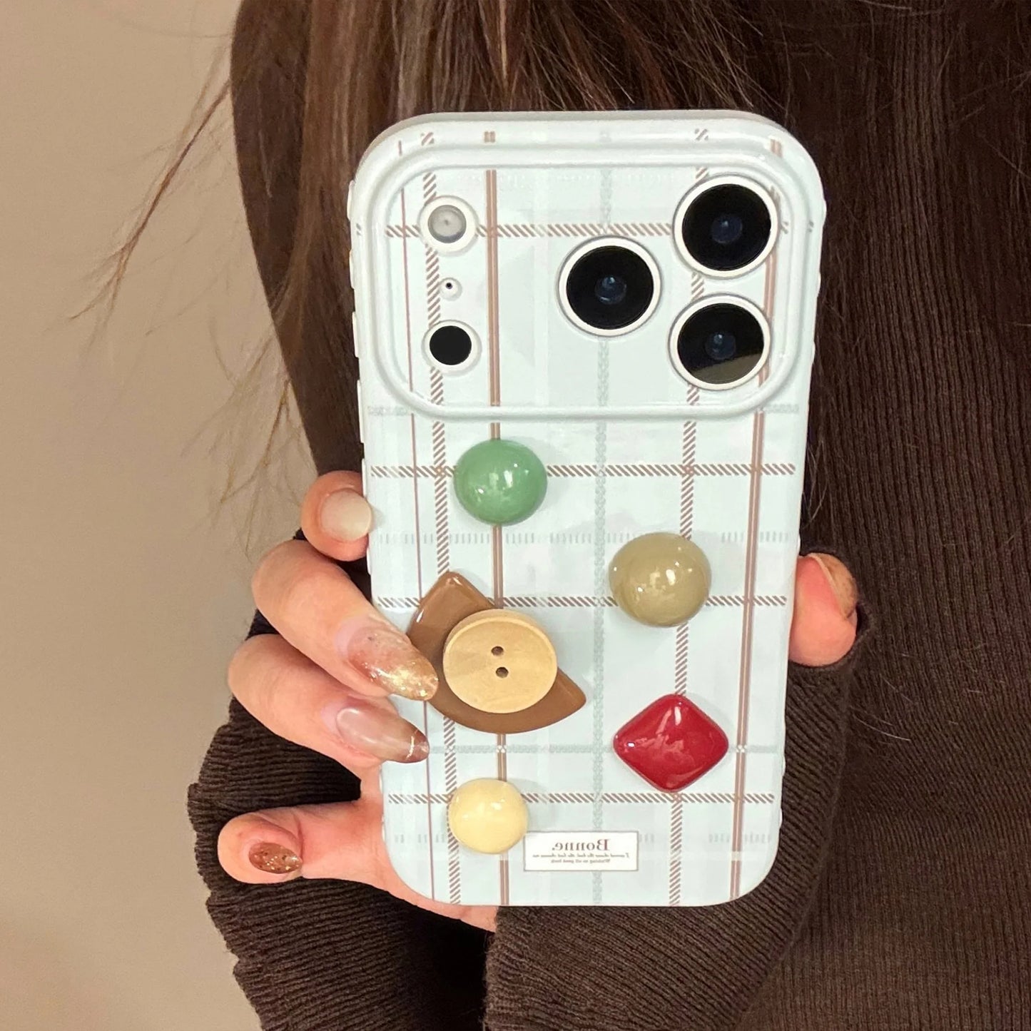 Korean Grid Pattern 3D Geometry Gemstone Button Decoration Phone Case For iPhone