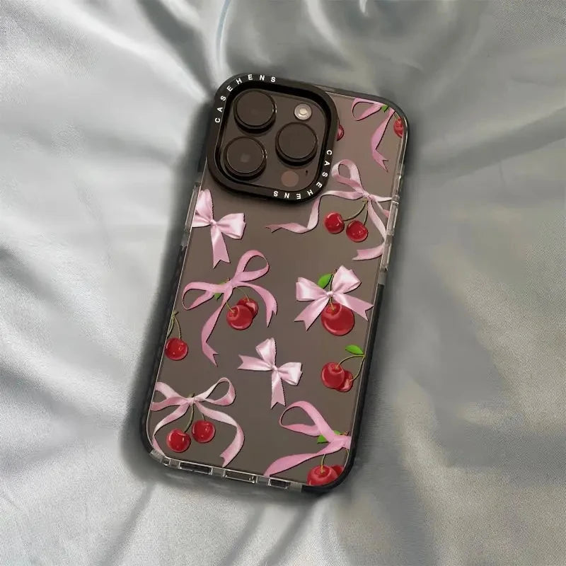 Ins Korean Lovely Bow Cherry Phone Case For iPhone