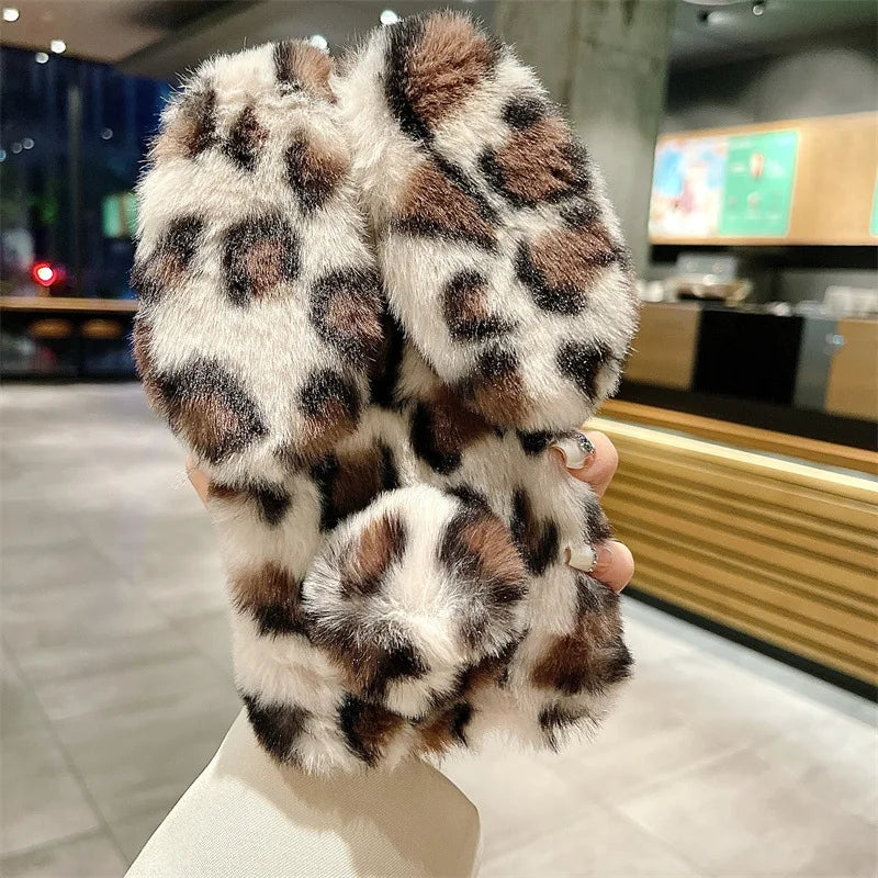 Cute Cartoon Leopard Print Bunny Fur Plush Phone Case For iPhone