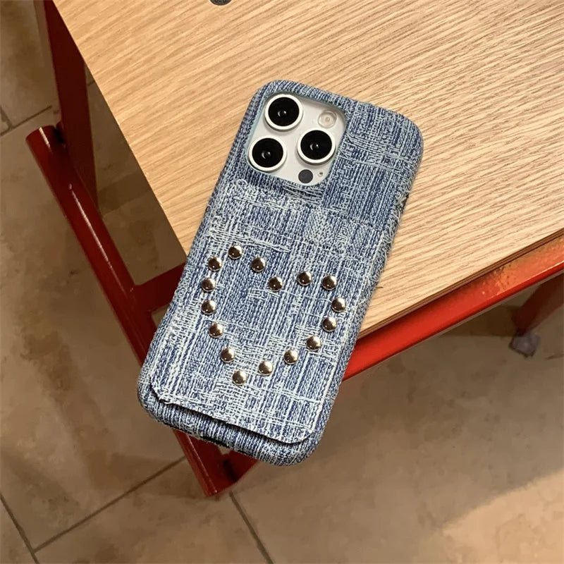 Fashion Riveted Love Card Holder Bag Denim Phone Case