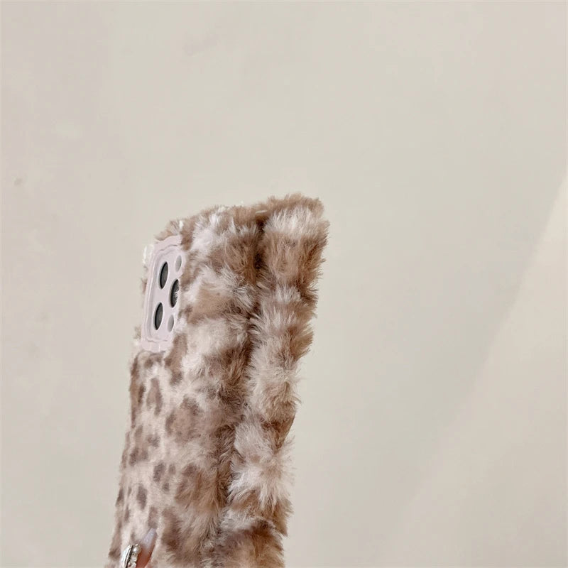 Ins New Fluffy Plush Leopard Print Winter Phone Case For iPhone