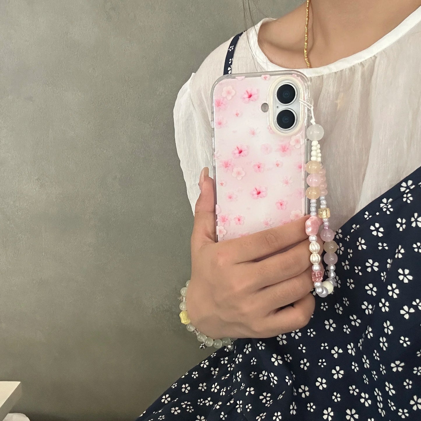 Adorable & Sweet Pink Cherry Blossom Prints with Beaded Chain Lovely Phone Case