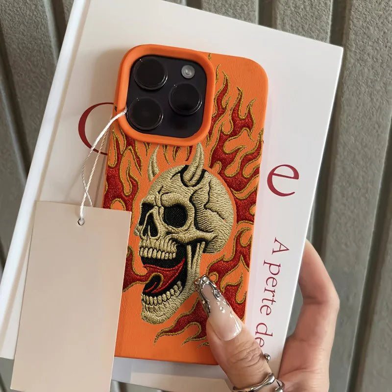 Flame Skull Embroidery Pattern Lychee Texture Phone Case For iPhone