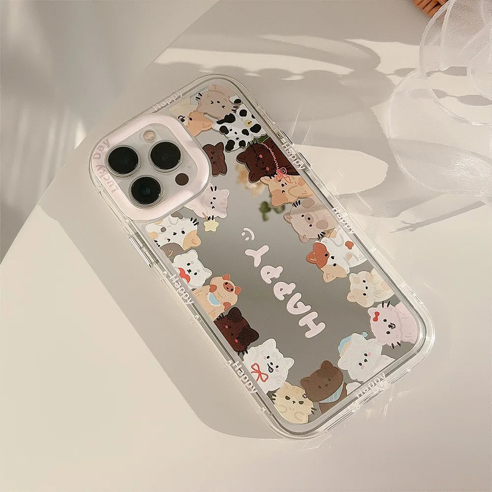 Korean Make Up Mirror Cartoon Kitten Phone Case Lanyard For iPhone