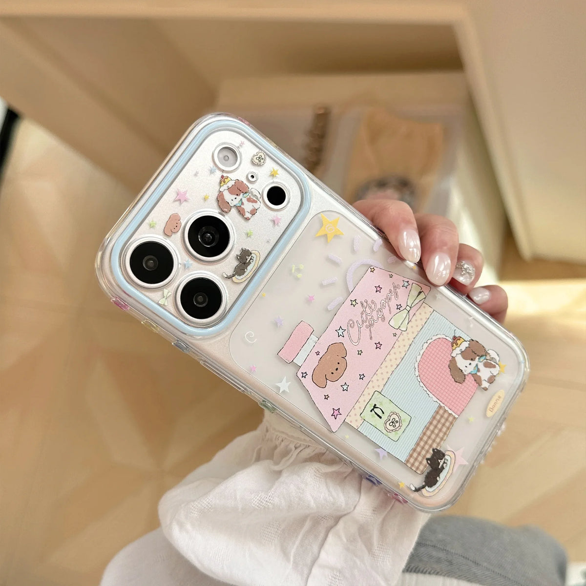 Korean Cartoon House Kitten Puppy Pattern Phone Case For iPhone