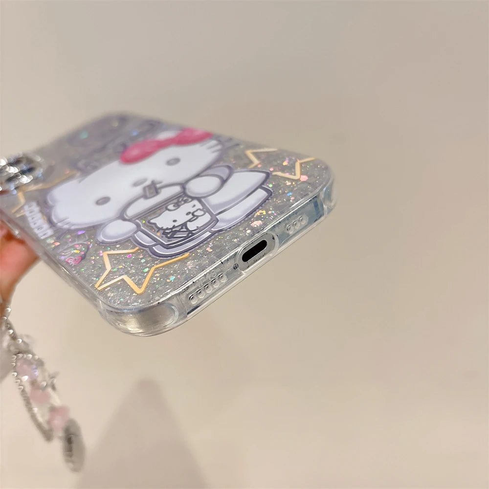 Fashion Glitter Silver Hello Kitty Tea Drinking Pattern Phone Case