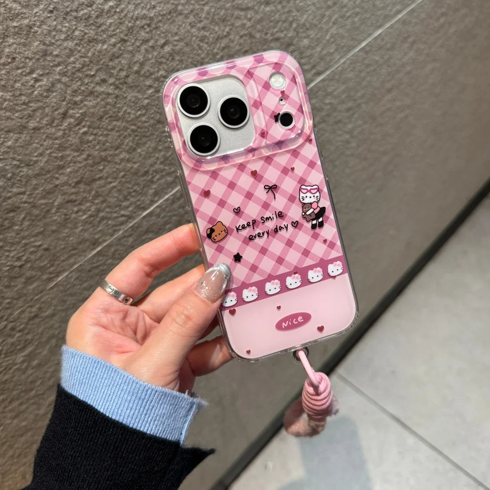 Korean Cute Imd Pink Lingge Kitty Hand Rope Phone Case For iPhone
