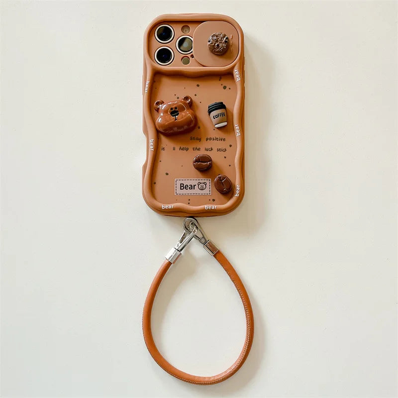 3D Coffee Cartoon Bear Phone Case With Wrist Strap For iPhone