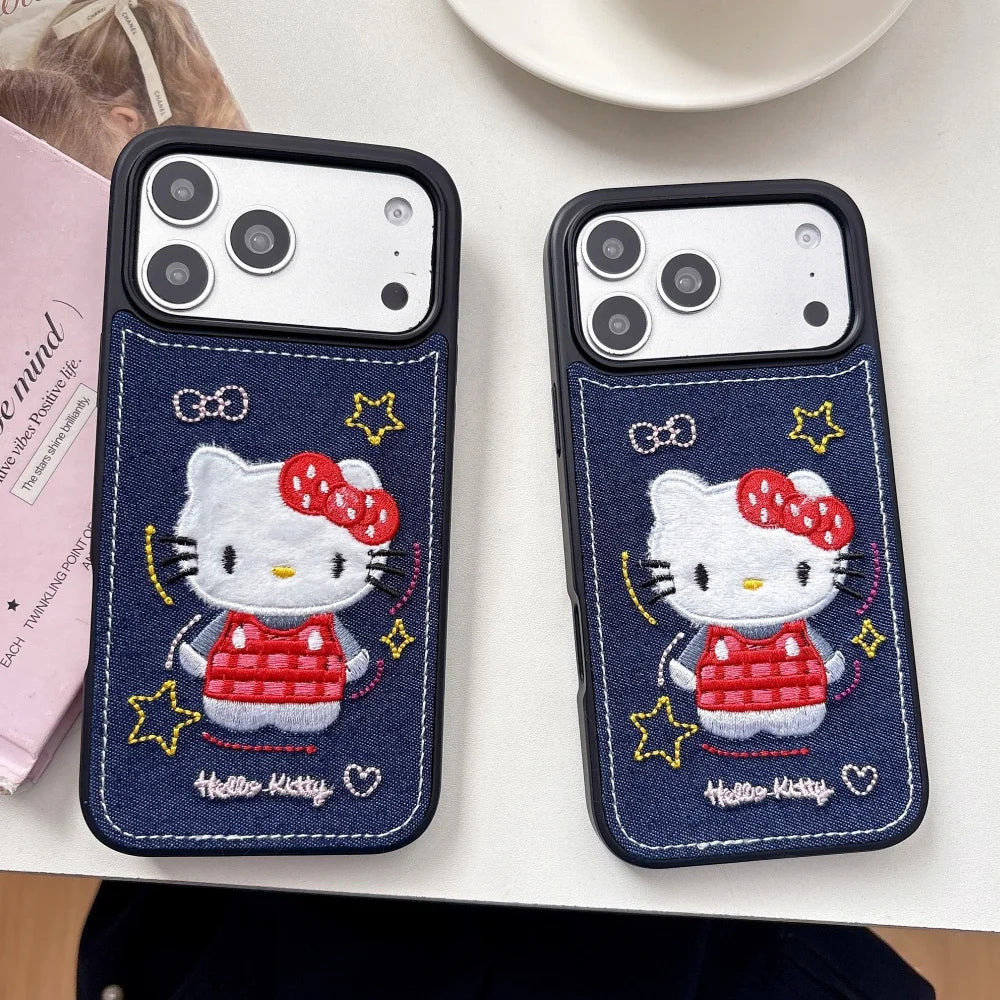 Luxury Denim Leather Pattern Cartoon Hello Kitty Case For iPhone