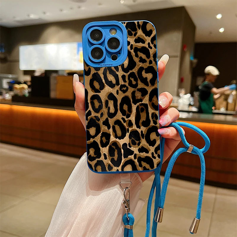 Brown Leopard Lanyard Strap Phone Case For iPhone