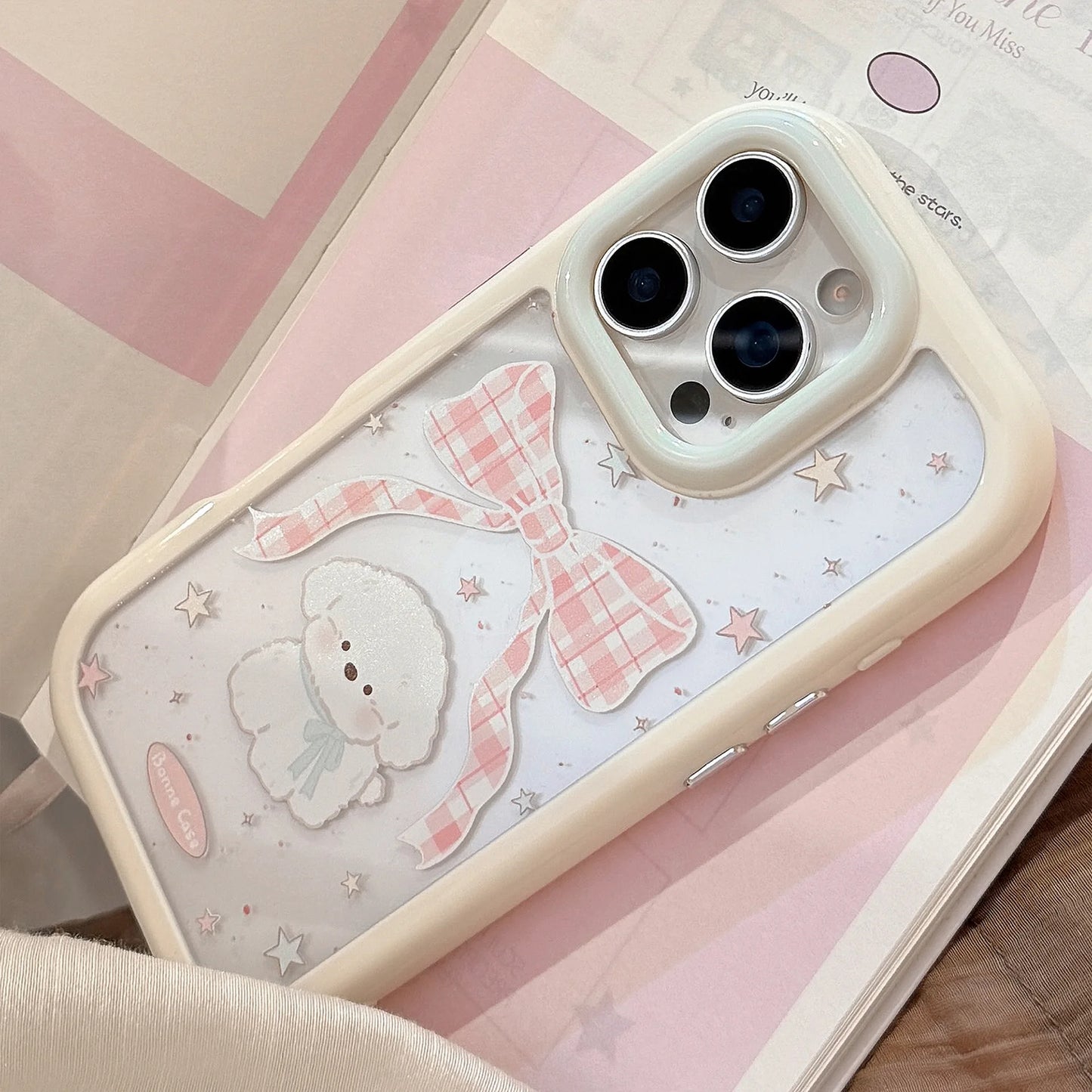 Korean Cartoon Plaid Bowknot Puppy Phone Case For iPhone