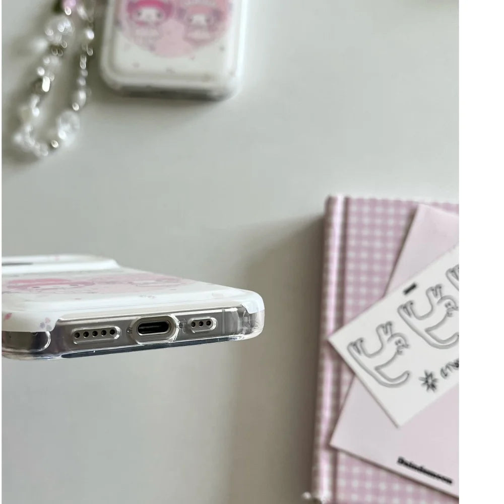 Cute My Melody Phone Case With Bead Wrist Strap Soft Shockproof Cover For iPhone