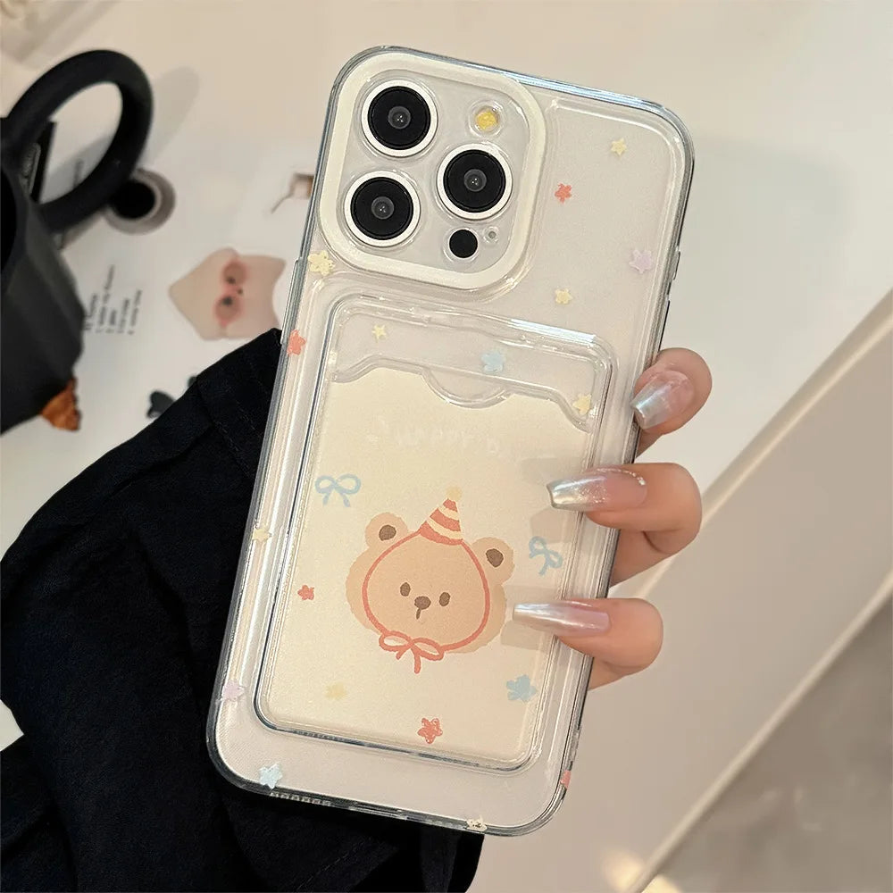 Lovely Cartoon Bear Card Package Phone Case With Stand Holder For iPhone