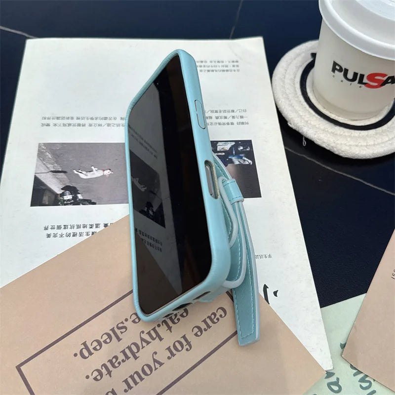 Simple Sky Blue Leather Wristband Stand Phone Case