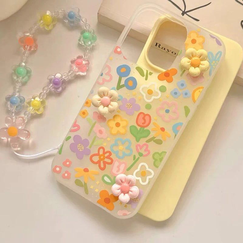 Oil Painting Flower Design With Lanyards Phone Case For iPhone