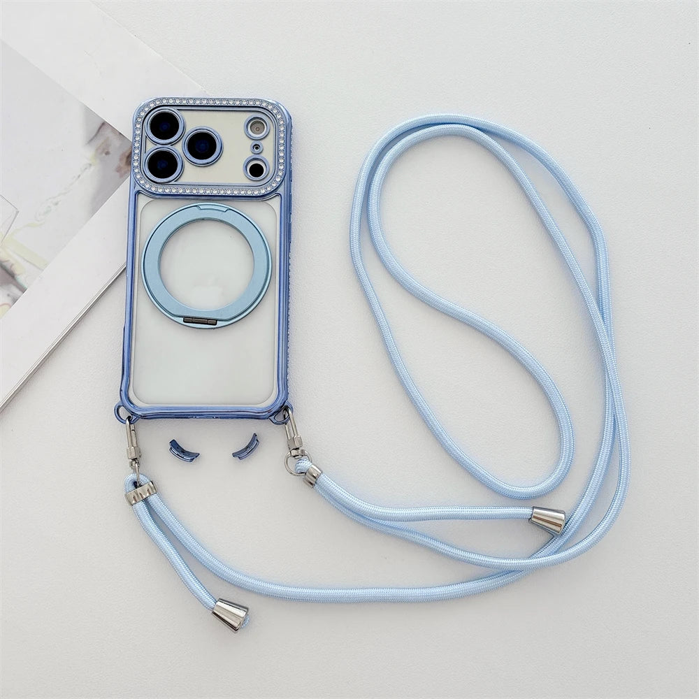 Flash Diamond Necklace Cord Rope Lanyard Plating Magnetic Clear Bracket Case For iPhone