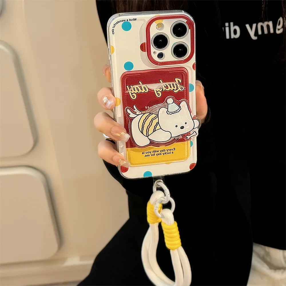 Cute Cartoon Puppy Bracket Card Holder Phone Case With Lanyard For iPhone