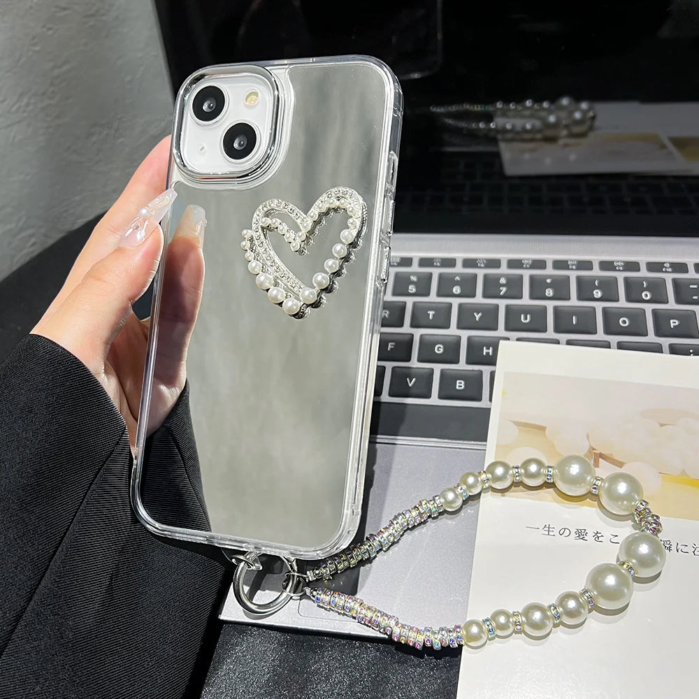 3D Love Heart Pearl Bracelets Chain Lanyard Phone Case For iPhone