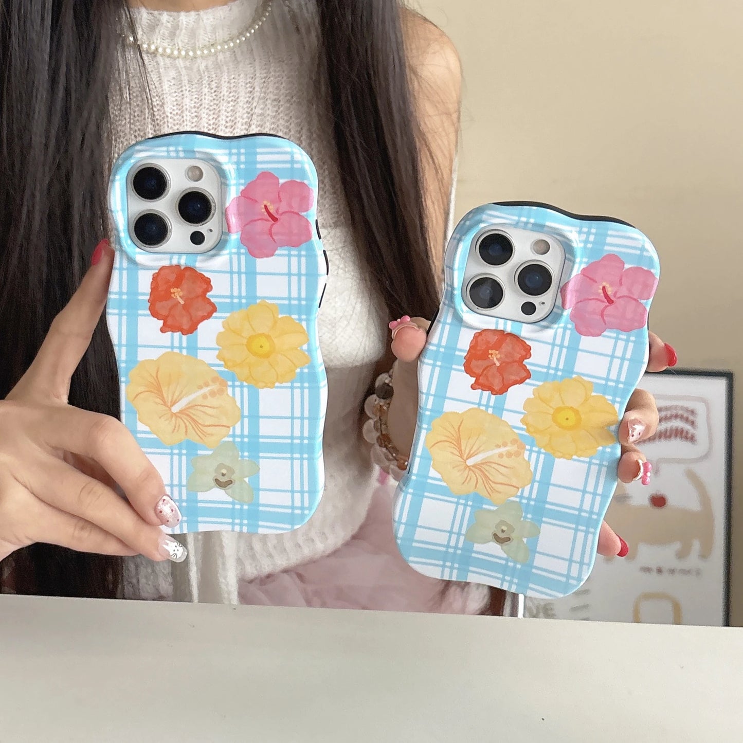 Artistic Plaid Pattern Colorful Floral Prints Irregular Shape Phone Chic Case