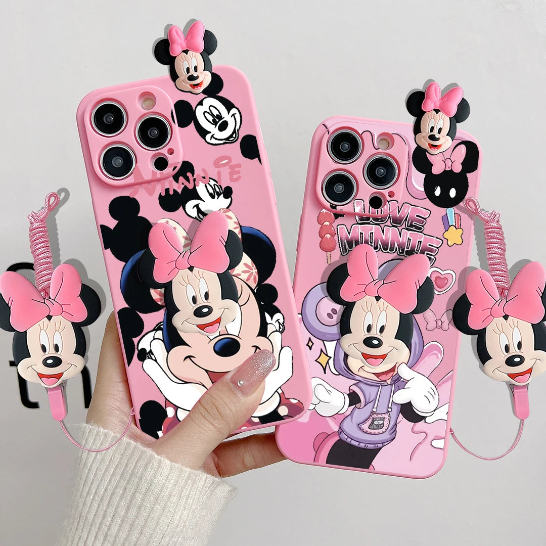 Cartoon Mickey Minnie Soft Case With Holder Rope Phone Case