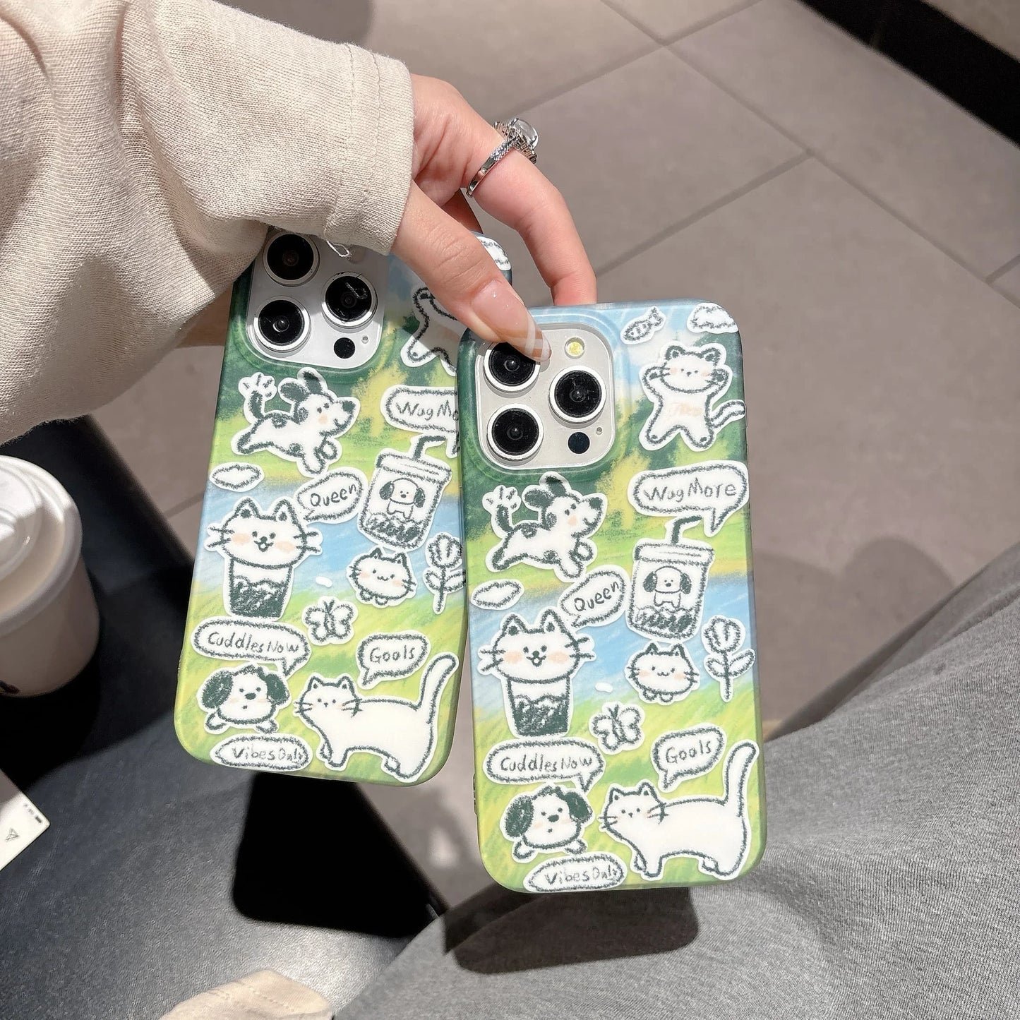 Cute Cartoon Hand Drawn Cat & Dog Animals Lovely Phone Case