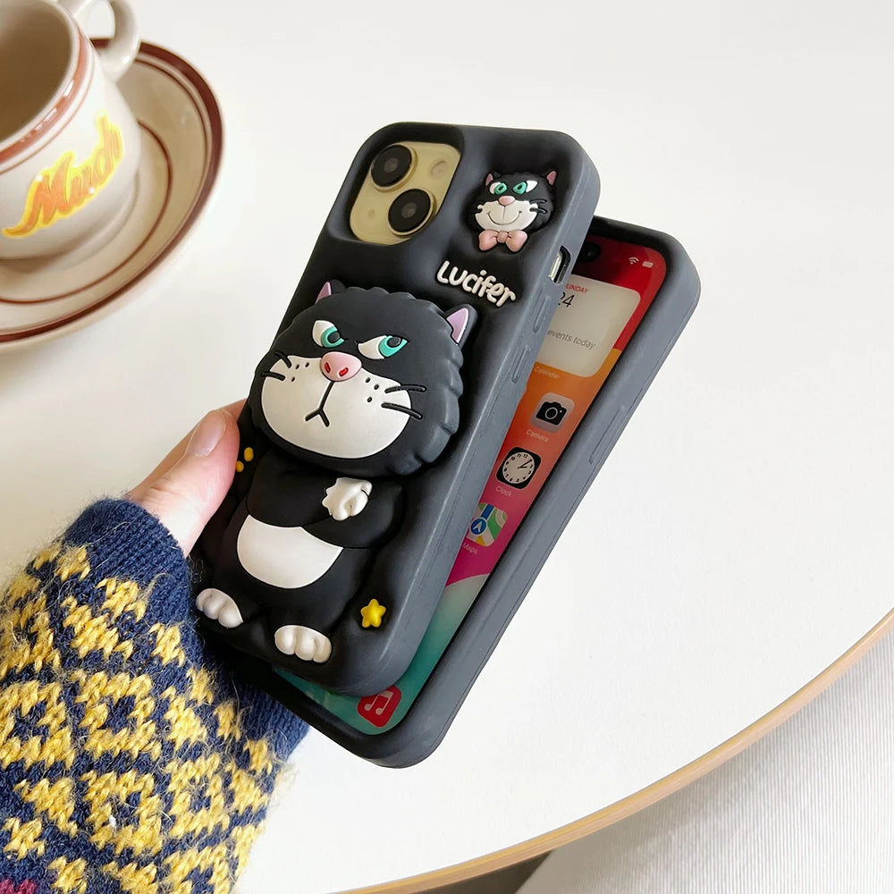 Cute 3D Cartoon Lucifer Cat Case Soft Silicone Cover With Stand Holder For iPhone