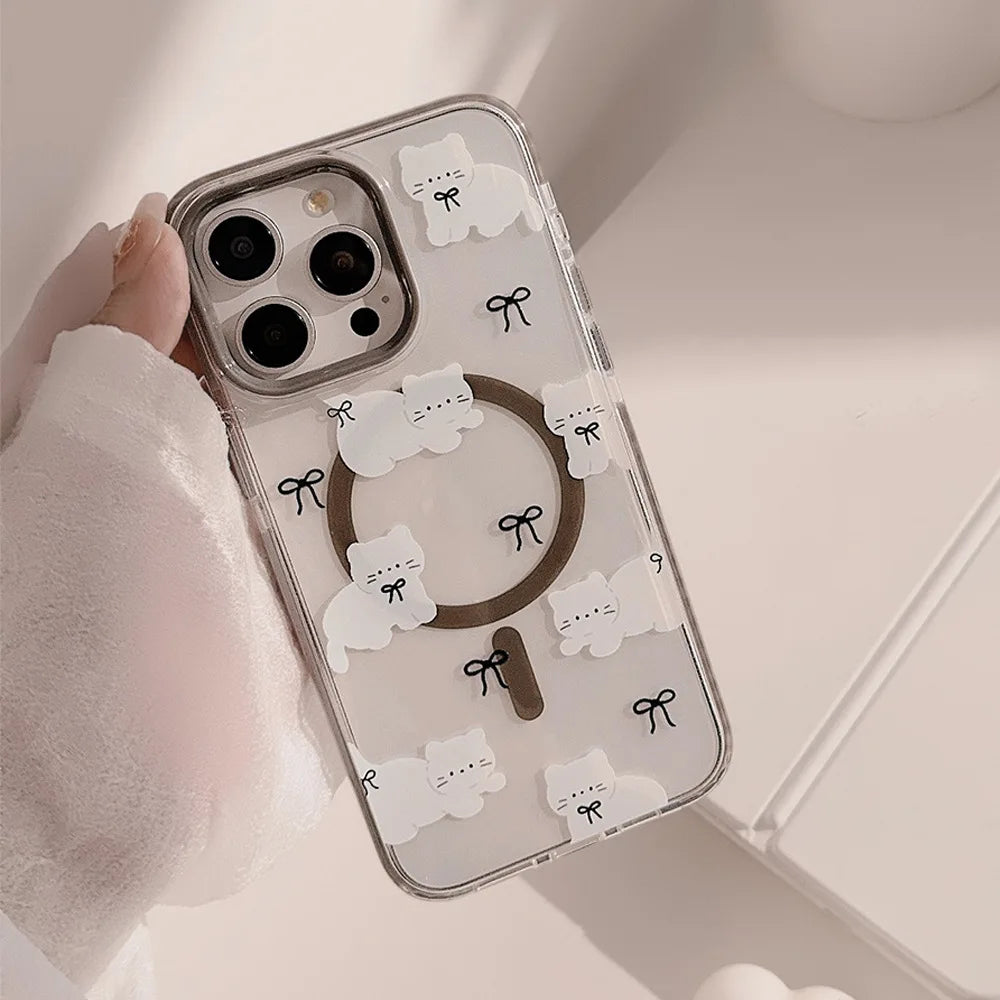 Korean Cute Cartoon Cat Transparent Magnetic Holder Phone Case For iPhone