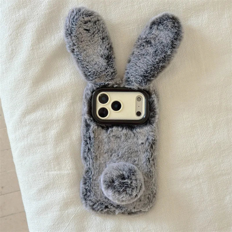 3D Cartoon Solid Colors Rabbit Furry Plush Phone Case For iPhone