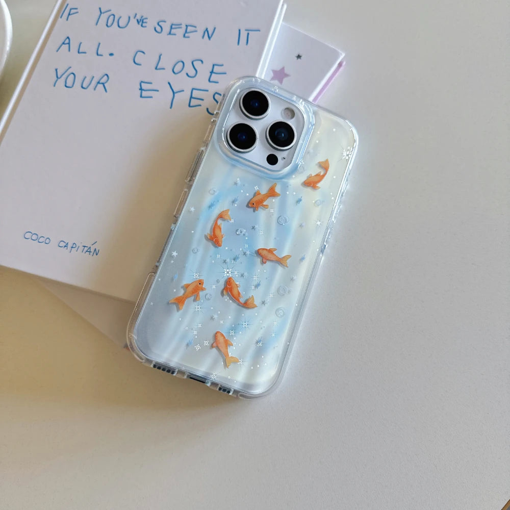 Creative INS Gradient Blue Goldfish & Star Patterns with Beaded Charm Phone Case