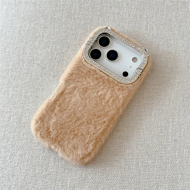 Luxury Solid Colors Diamond Fluffy Fur Plush Phone Case For iPhone