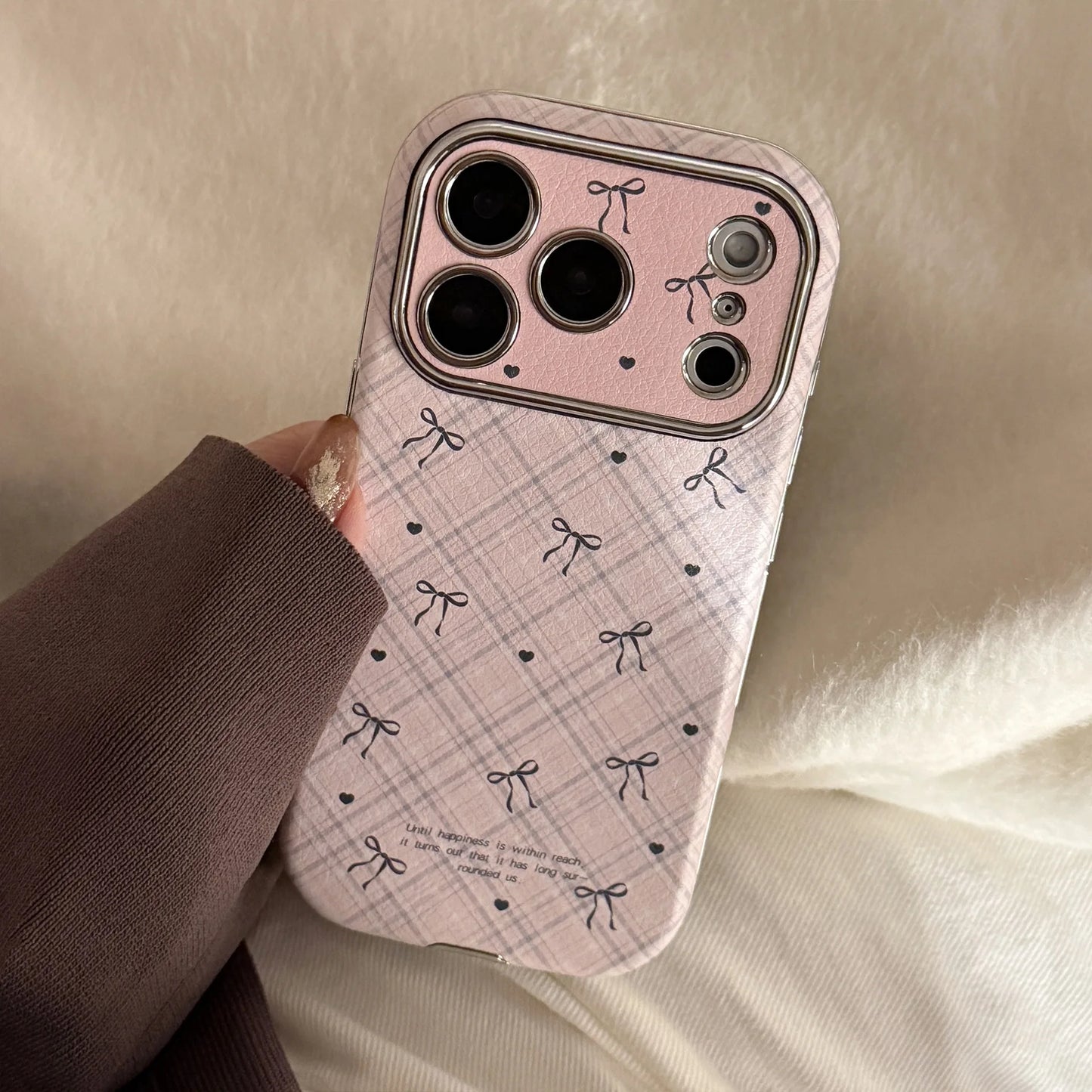 Korean Retro Plaid Grid Pattern Bowknot Leather Texture Phone Case For iPhone