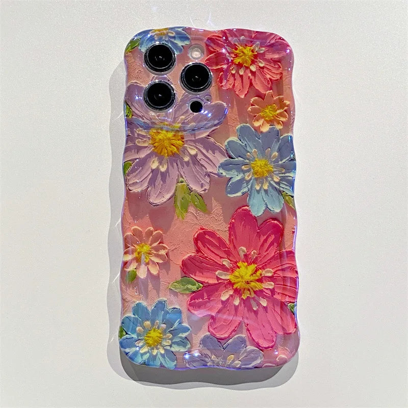 Retro Blue Light Oil Painting Flowers Wavy Silicone Phone Case For iPhone