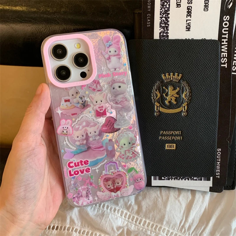 Luxury Laser Rainbow Cute Pink Heart Love Cat Cartoon Phone Case