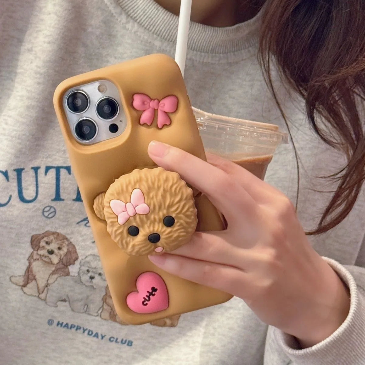 Cute 3D Teddy Dog Pet Grip Tok Holder Cartoon Silicon Soft Back Phone Case