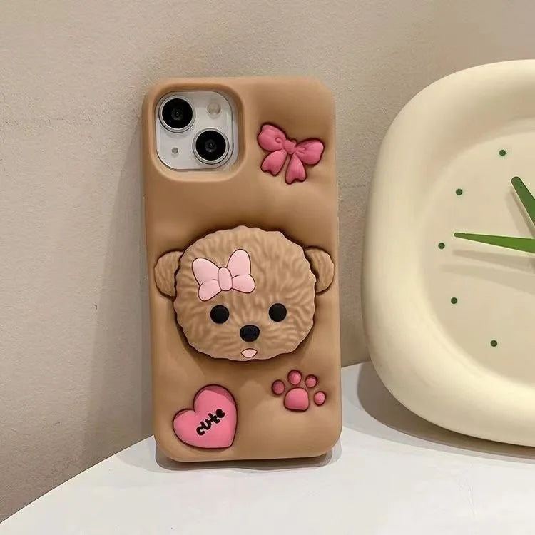 Cute 3D Teddy Dog Pet Grip Tok Holder Cartoon Silicon Soft Back Phone Case