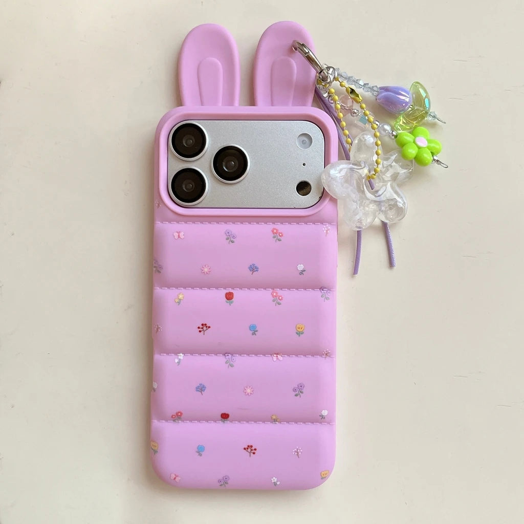 Sweet Cute Flowers Print Stereoscopic Rabbit Ears With Pendant Shock Proof Phone Cover Case For iPhone